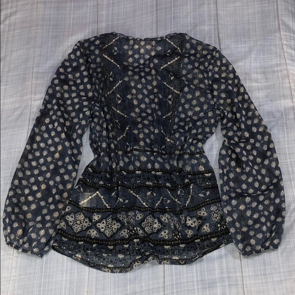 Style & Co BOHO Hazel Blue Sheer Peasant Blouse Metallic Thread, Ruffle Petite L